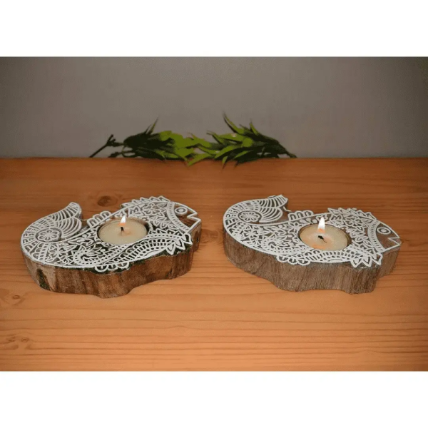 Wooden Fish Block Candle Holder, Set Of Two